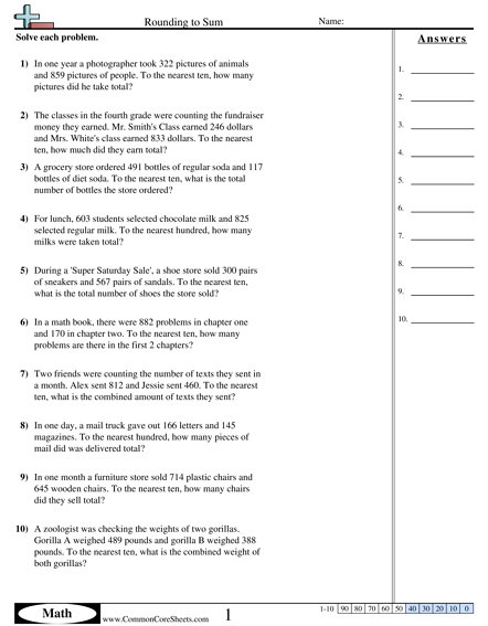 Addition Worksheets - Rounding to Sum  worksheet